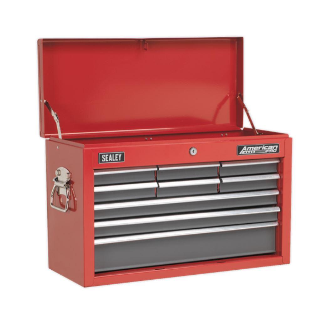 Sealey American PRO Topchest 9 Drawer with Ball-Bearing Slides - Red/Grey AP22509BB - Tools 2U Direct SW