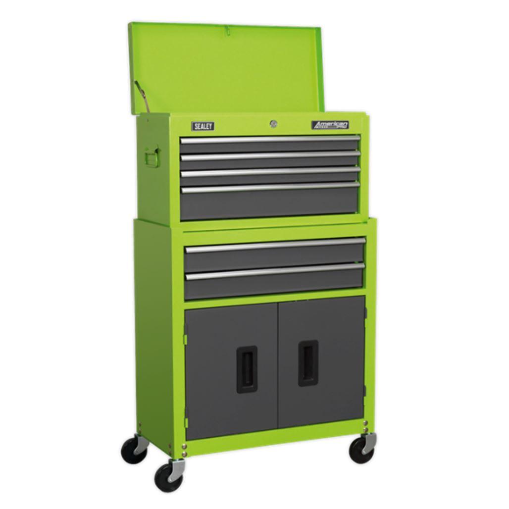Sealey American Pro Topchest & Rollcab Combination 6 Drawer with Ball-Bearing Slides - Hi-Vis Green/Grey AP2200BBHV - Tools 2U Direct SW