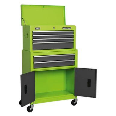 Sealey American Pro Topchest & Rollcab Combination 6 Drawer with Ball-Bearing Slides - Hi-Vis Green/Grey AP2200BBHV - Tools 2U Direct SW