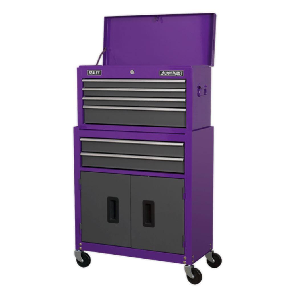 Sealey American Pro Topchest & Rollcab Combination 6 Drawer with Ball-Bearing Slides - Purple/Grey AP2200BBCP - Tools 2U Direct SW