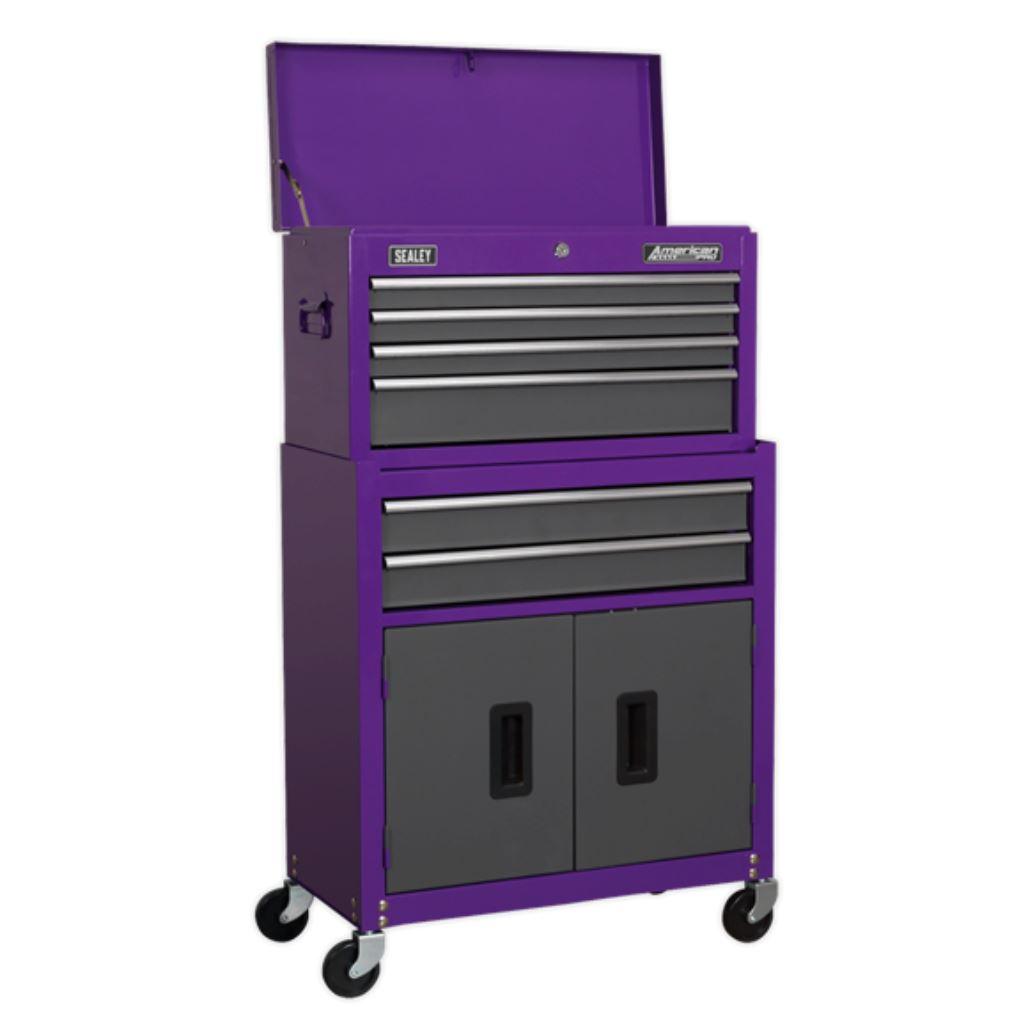 Sealey American Pro Topchest & Rollcab Combination 6 Drawer with Ball-Bearing Slides - Purple/Grey AP2200BBCP - Tools 2U Direct SW