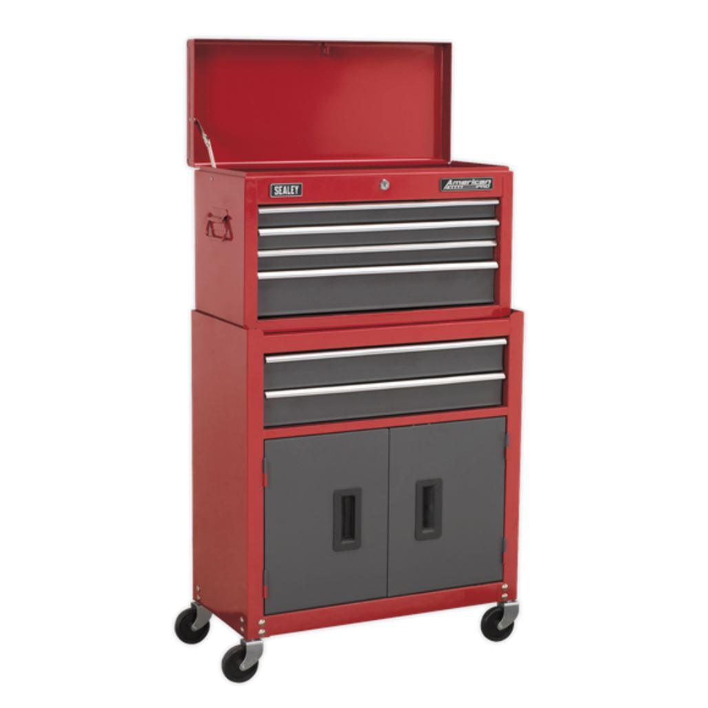 Sealey American Pro Topchest & Rollcab Combination 6 Drawer with Ball-Bearing Slides - Red/Grey AP2200BB - Tools 2U Direct SW