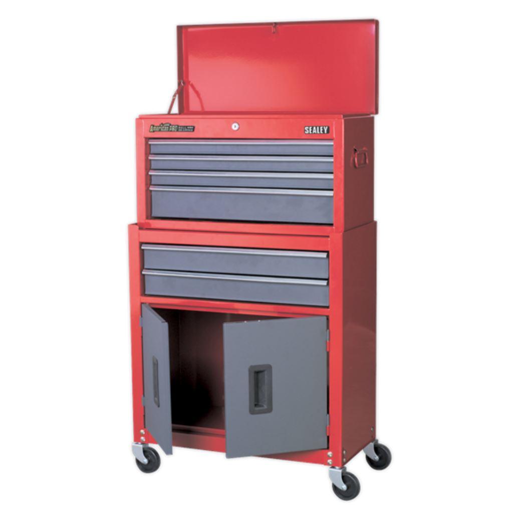 Sealey American Pro Topchest & Rollcab Combination 6 Drawer with Ball-Bearing Slides - Red/Grey AP2200BB - Tools 2U Direct SW
