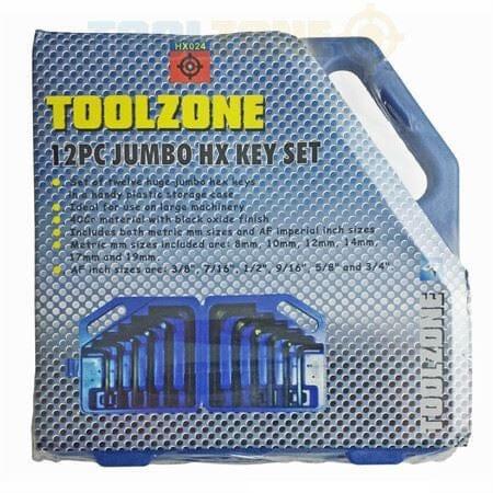 Toolzone 12 Piece Jumbo MM/AF Hex Key Set 8-19mm 3/8"-3/4" HX024 - Tools 2U Direct SW
