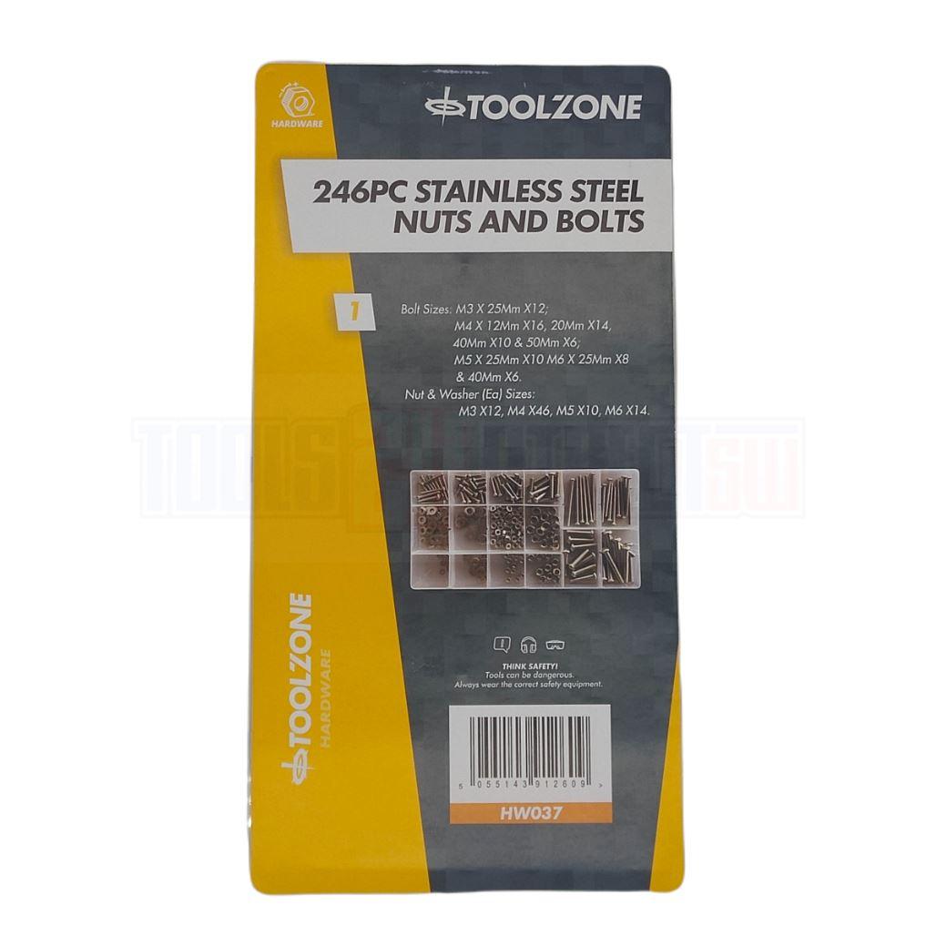 Toolzone 246pc Stainless Steel Nuts And Bolts Washers M3 M4 M5 M6 Steel Grade 201 HW037 - Tools 2U Direct SW