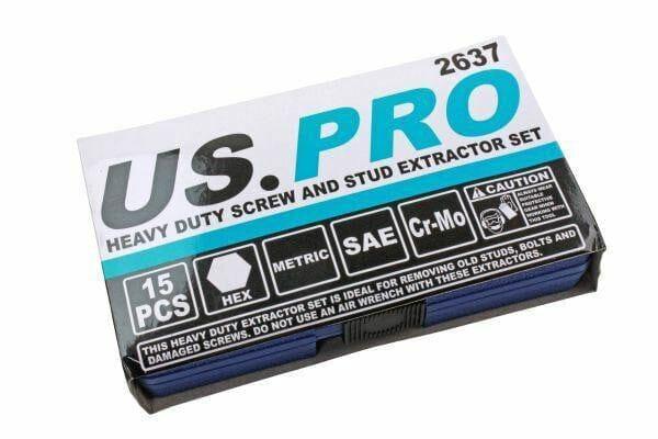 US PRO 15PC Heavy Duty Screw And Stud Extractor Set - Removes Broken Studs & Screws 2637 - Tools 2U Direct SW