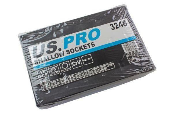 US PRO 17pc 3/8 Dr Shallow Sockets 12 Point 8 - 24mm 3248 - Tools 2U Direct SW