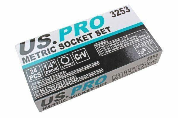 US PRO 24pc 1/4 Dr 6 Point Metric Socket Set 4 - 13mm 3253 - Tools 2U Direct SW