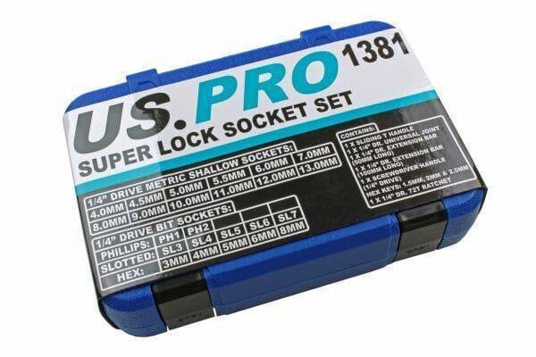 US PRO 33PC 1/4" DR Super Lock Metric Socket, Screwdriver & Hex Bit Set 1381 - Tools 2U Direct SW