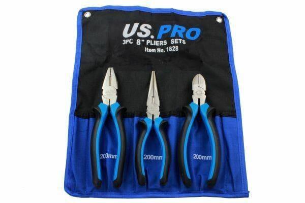 US PRO 3pc 8" Plier Set NI-FE Finish - Combination, Cutters, Long Nose 1828 - Tools 2U Direct SW