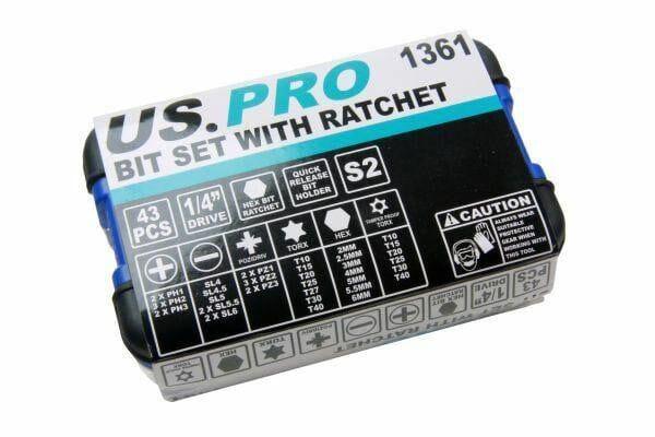 US PRO 43PC Bit Set With Hex Bit Ratchet 1361 - Tools 2U Direct SW