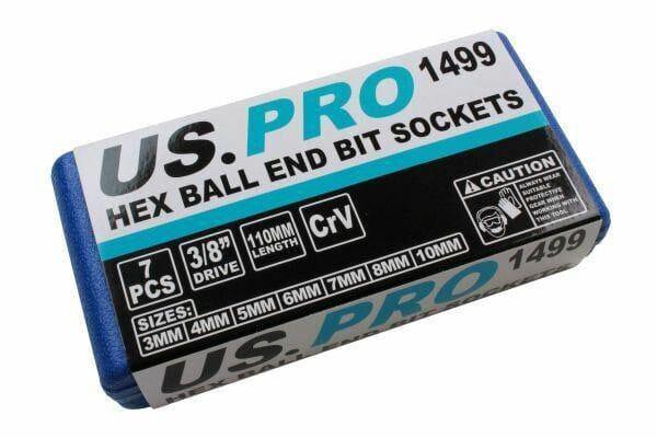 US PRO 7pc 3/8"Dr Long Ball End Hex Bit Socket Set 3 - 10mm Allen Key 1499 - Tools 2U Direct SW