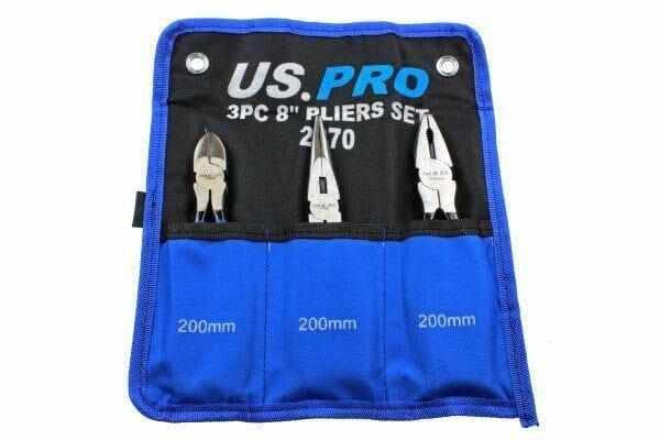 US PRO 8" 200mm 3pc Plier Set, Side Cutter, Long Nose, Combination Pliers 2070 - Tools 2U Direct SW