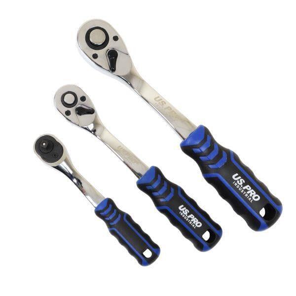 US PRO INDUSTRIAL 3pc 90t Ratchet Set 1/4 3/8 1/2 Drives Curved Handle With Grip 4229 - Tools 2U Direct SW