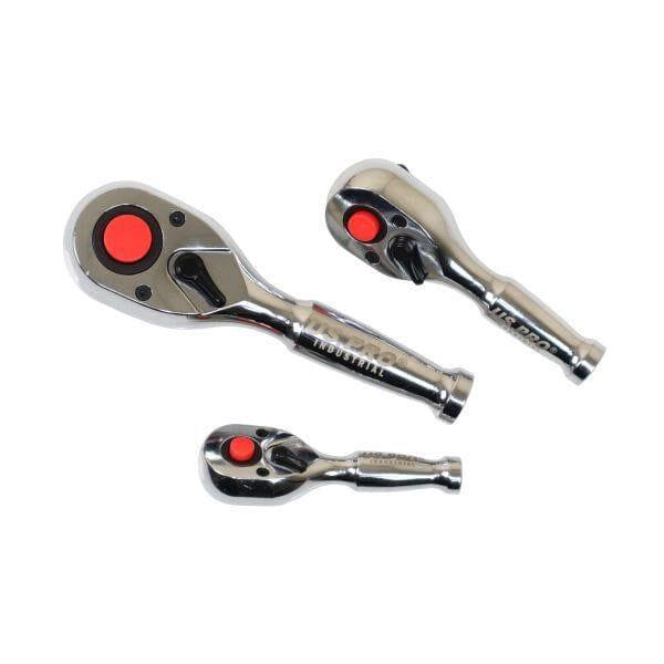 US PRO INDUSTRIAL 3PC Stubby Ratchet Set 90 Tooth 1/4" 3/8" 1/2"Dr Short Wrench 4224 - Tools 2U Direct SW