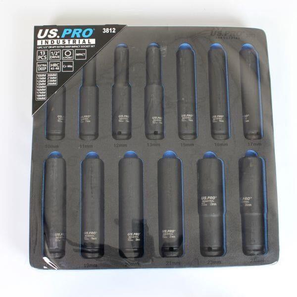 US PRO Industrial Extra Deep Impact Socket Set 1/2"Dr 13pc 10mm - 24mm 6pt Long Sockets 3812 - Tools 2U Direct SW