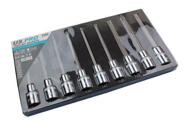 US PRO Tools 1/2" Dr 9 Piece 140mm Long Torx Star Bit Sockets Set T27 - T70 Inc T47 3304 - Tools 2U Direct SW