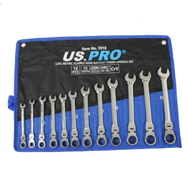 US PRO Tools 12pc Metric Flexible Gear Ratchet Combi Wrench Set 8 - 19mm 3918 - Tools 2U Direct SW