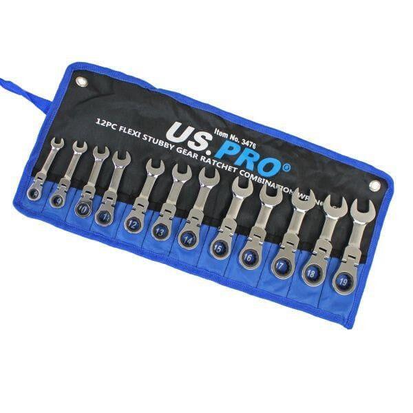 US PRO Tools 12pc Metric Stubby Flexi Ring Gear Ratchet Spanner Wrench Set 8-19mm 3476 - Tools 2U Direct SW