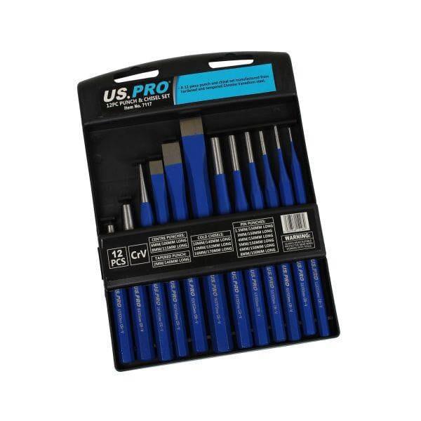 US PRO Tools 12pc Punch & Chisel Set Centre Long Tapered Punches Cold Chisels 7117 - Tools 2U Direct SW