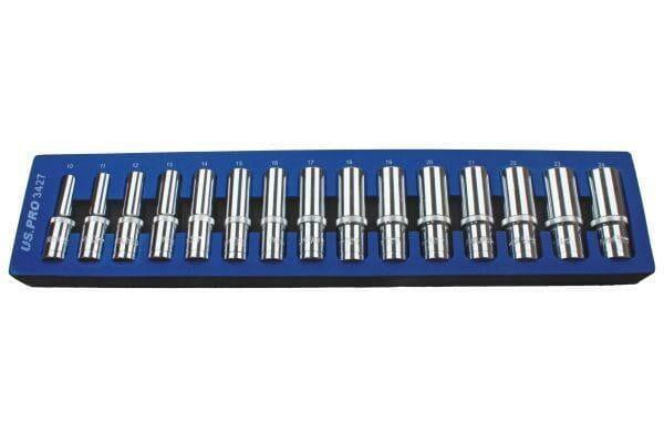 US PRO Tools 15pc 1/2'' Dr 12 Point Deep Sockets In Foam Tray 10 - 24mm 3427 - Tools 2U Direct SW