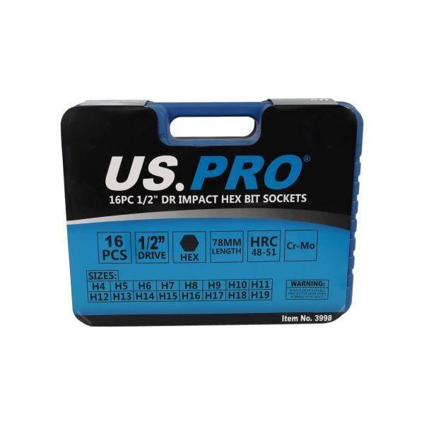 US PRO TOOLS 16pc 1/2" DR Impact Hex Bit Sockets H4 - H19 3998 - Tools 2U Direct SW