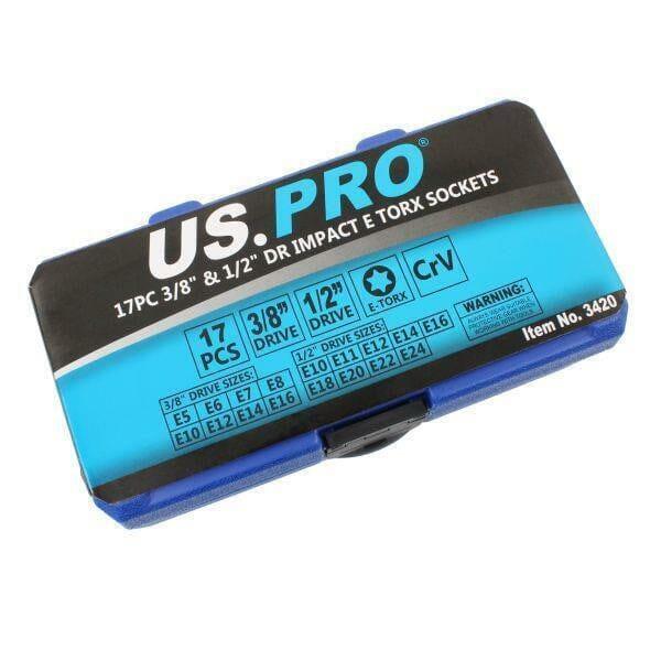 US PRO Tools 17pc 3/8" & 1/2" dr Impact E-Torx Socket Set E5 to E24 3420 - Tools 2U Direct SW