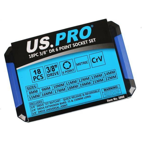 US PRO Tools 18PC 3/8" DR Socket Set Metric 8 - 22MM 6PT 3866 - Tools 2U Direct SW