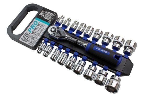 US PRO Tools 19pc 3/8" dr Metric Socket Set, Sockets, Ratchet 6 to 24mm 3269 - Tools 2U Direct SW