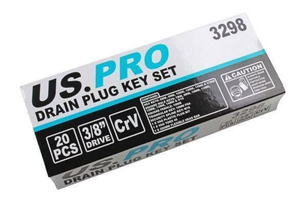 US PRO Tools 20 Piece 3/8 DR Drain Sump Plug Key Set, Keys Oil Din 3298 - Tools 2U Direct SW