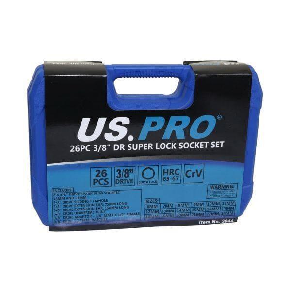 US PRO Tools 26pc 3/8" dr Super Lock Socket Set Metric 6 - 24mm 3944 - Tools 2U Direct SW