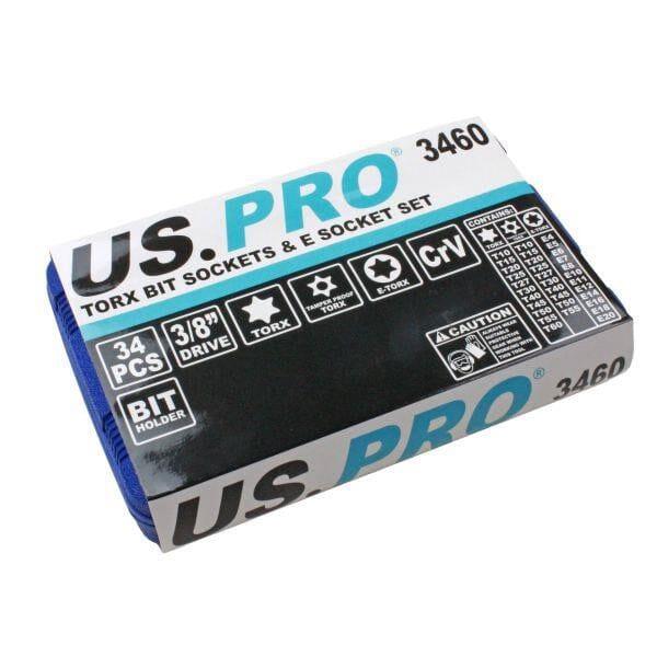 US PRO Tools 34pc Torx Bit & E-Socket Set 3/8" Dr T10 - T60 E4 - E20 Tamper Proof T10 - T55 3460 - Tools 2U Direct SW