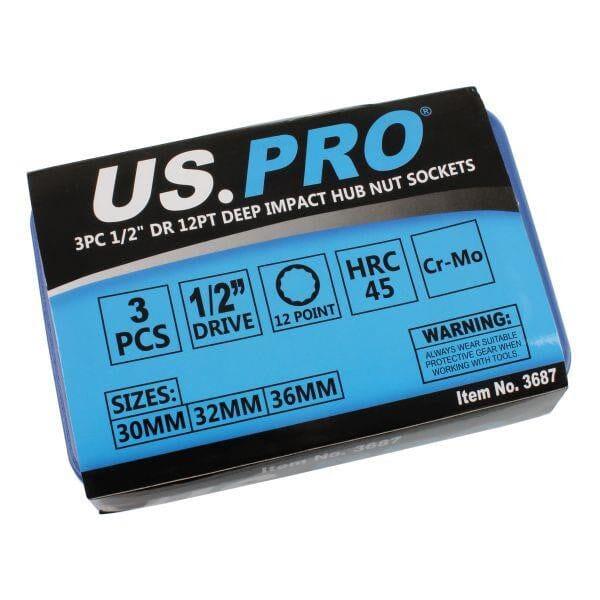 US PRO Tools 3PC 1/2" DR 12PT Deep Impact Hub Nut Sockets 30,32,36mm 3687 - Tools 2U Direct SW