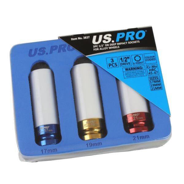 US PRO Tools 3PC 1/2" DR Alloy Wheel Impact Sockets 17, 19, 21mm 3837 - Tools 2U Direct SW