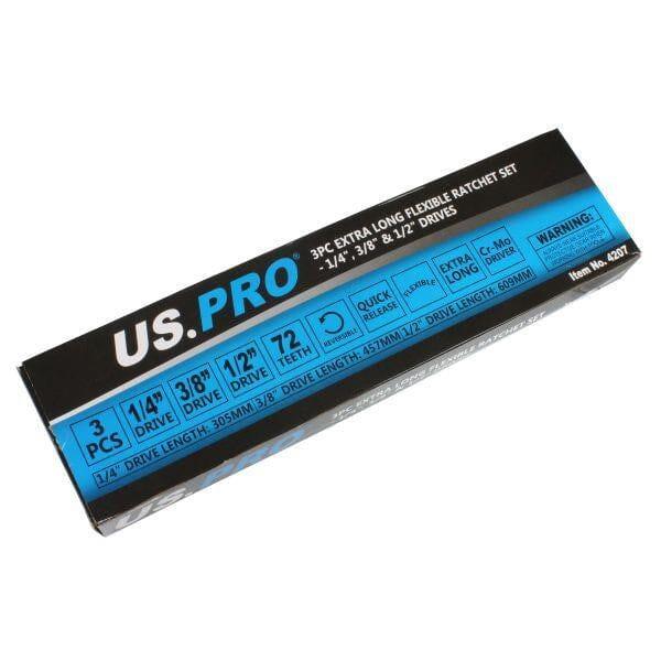 US PRO Tools 3pc Extra Long Flexible Ratchet Set 1/4", 3/8" & 1/2" Drive 4207 - Tools 2U Direct SW