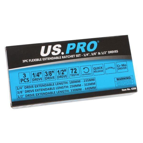 US PRO Tools 3pc Flexible Extendable Ratchet Set 1/4", 3/8" & 1/2" Drives 4206 - Tools 2U Direct SW
