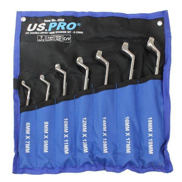 US PRO Tools 7 Piece Double Offset Ring Spanner Wrench Set 6 - 19MM 75DEG 3528 - Tools 2U Direct SW