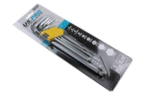 US PRO Tools 9pc Extra Long Ball Point Hex Keys Hex Set 1.5 - 10mm 2234 - Tools 2U Direct SW